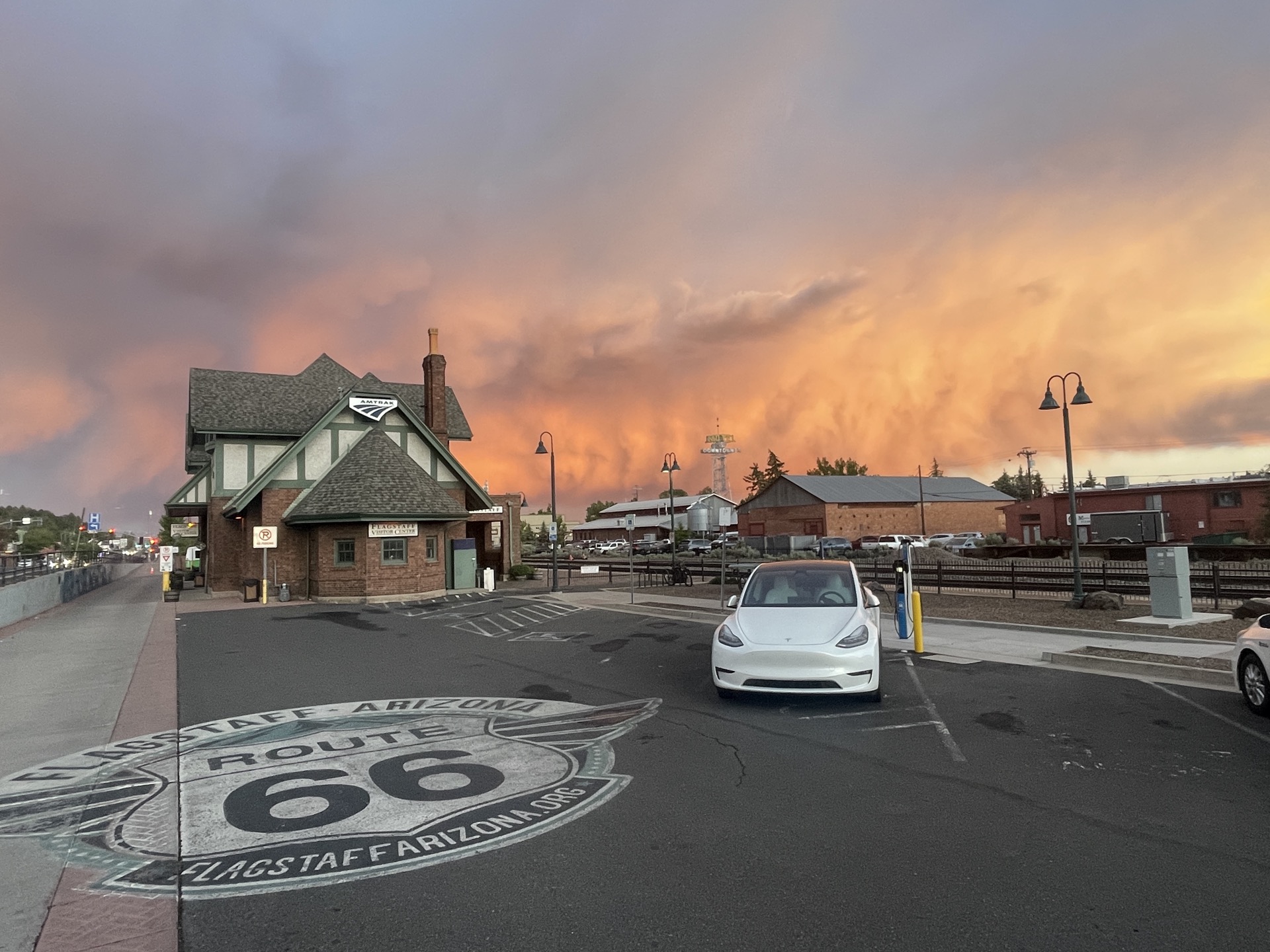 Route 66 in Flagstaff at sunset with Tesla
